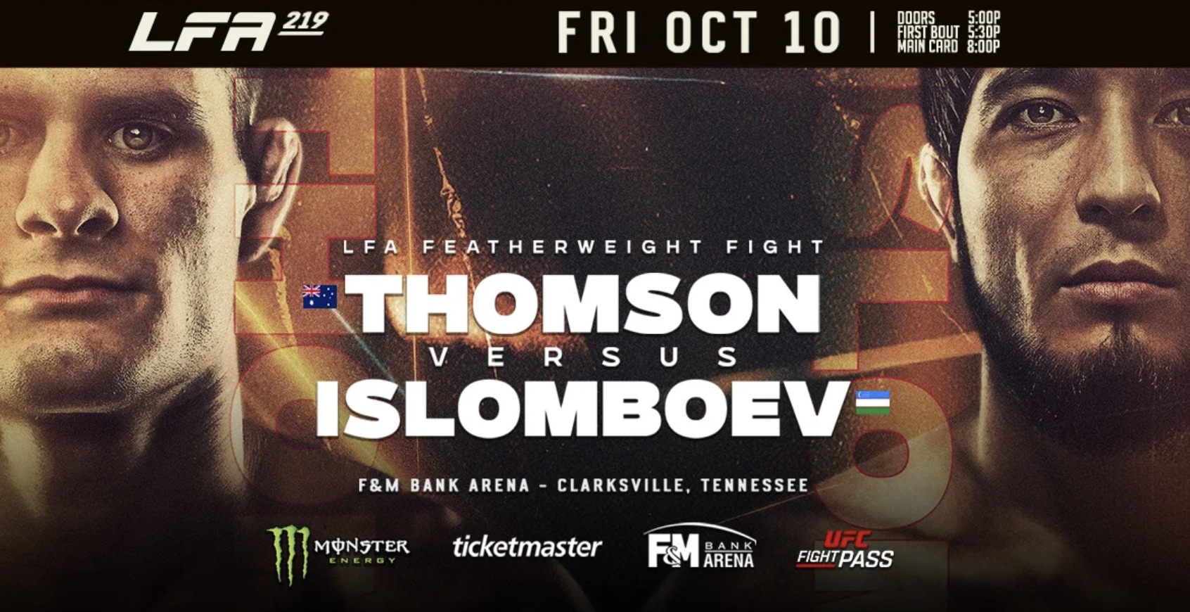 MMAtown blog post image: LFA 219 in Clarksville: Thomson vs. Islomboev Preview, How to Watch, Start Times (ET/PT)