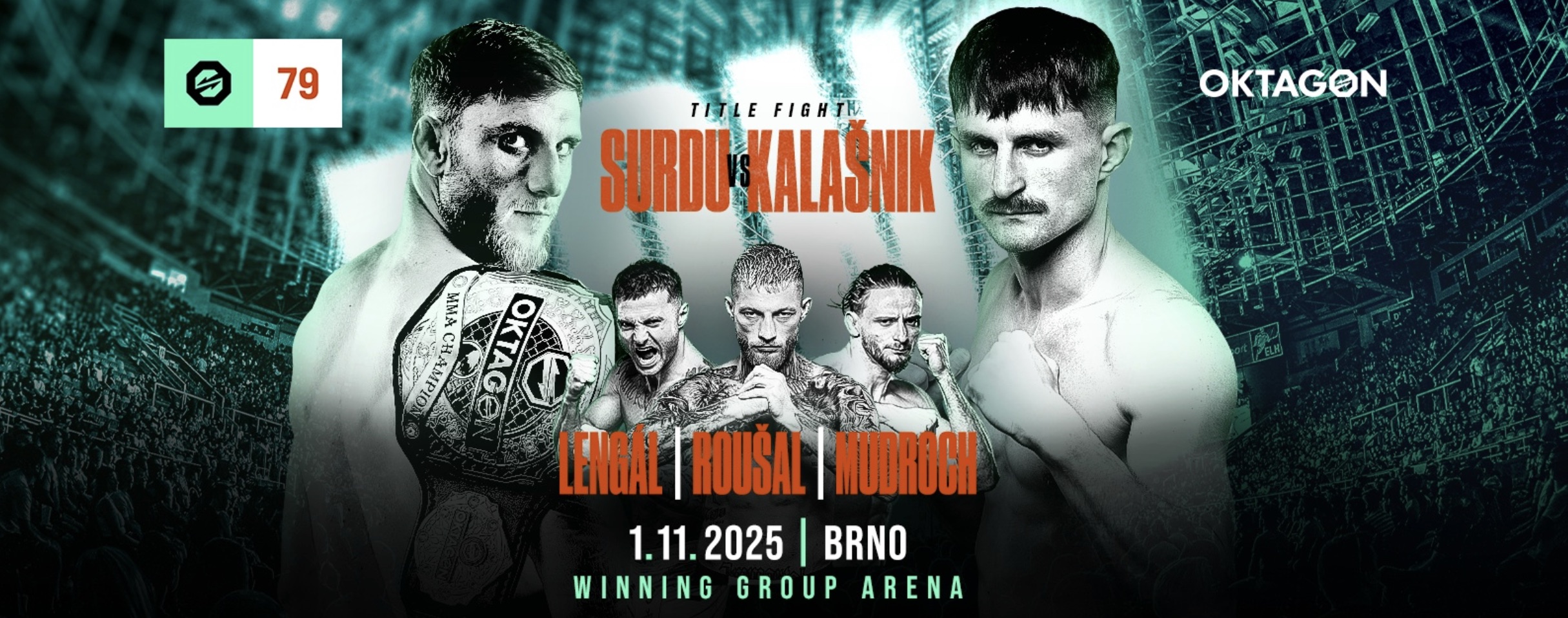MMAtown blog post image: OKTAGON 79 Results & Highlights — Surdu vs. Kalašnik drama, Von Flue shock, hook-kick KO, and Jiří Procházka pops Brno