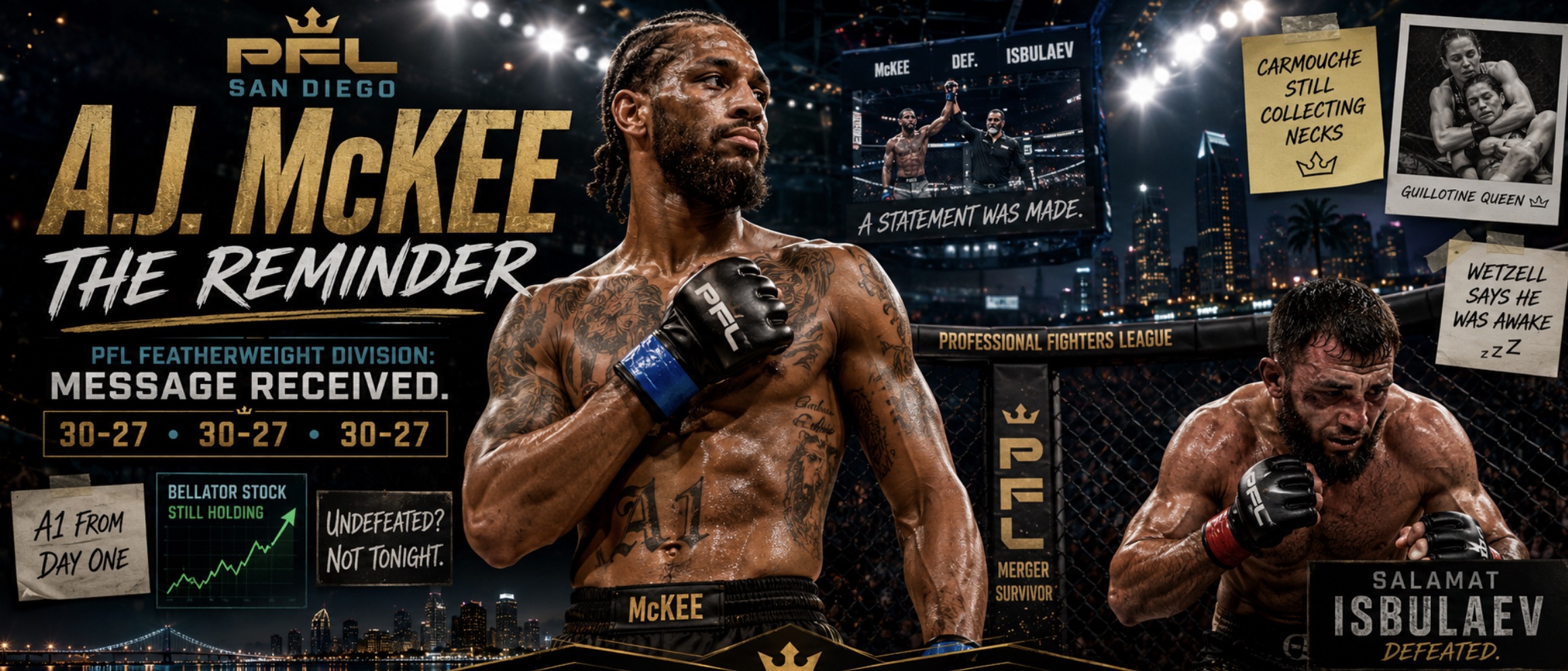 PFL San Diego Results: AJ McKee Ends Isbulaev’s Unbeaten Run, Carmouche Scores Submission Win