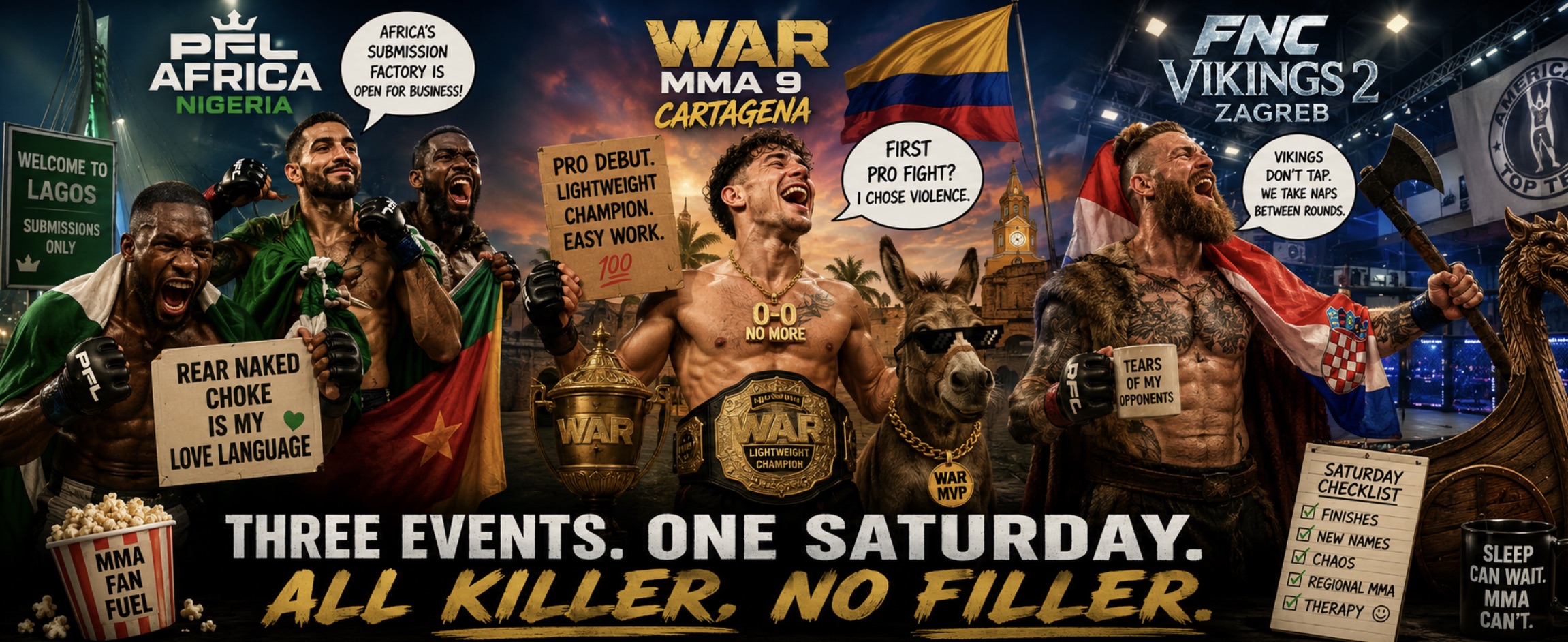 Saturday MMA Results: PFL Africa Nigeria, WAR MMA 9 Cartagena and FNC Vikings 2 Deliver Finish-Heavy Night