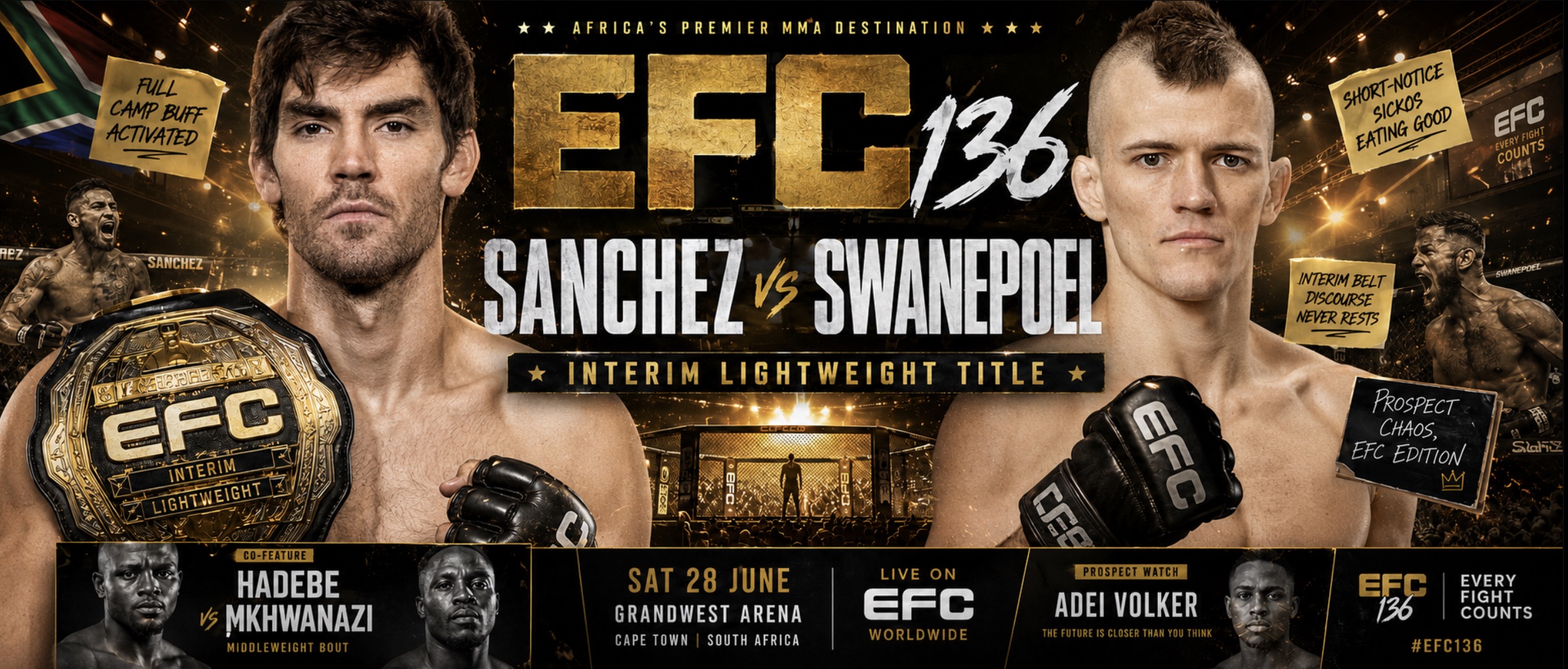 EFC 136 Preview and Full Fight Card: Adrian Sanchez Defends Interim Gold Against Bradley Swanepoel