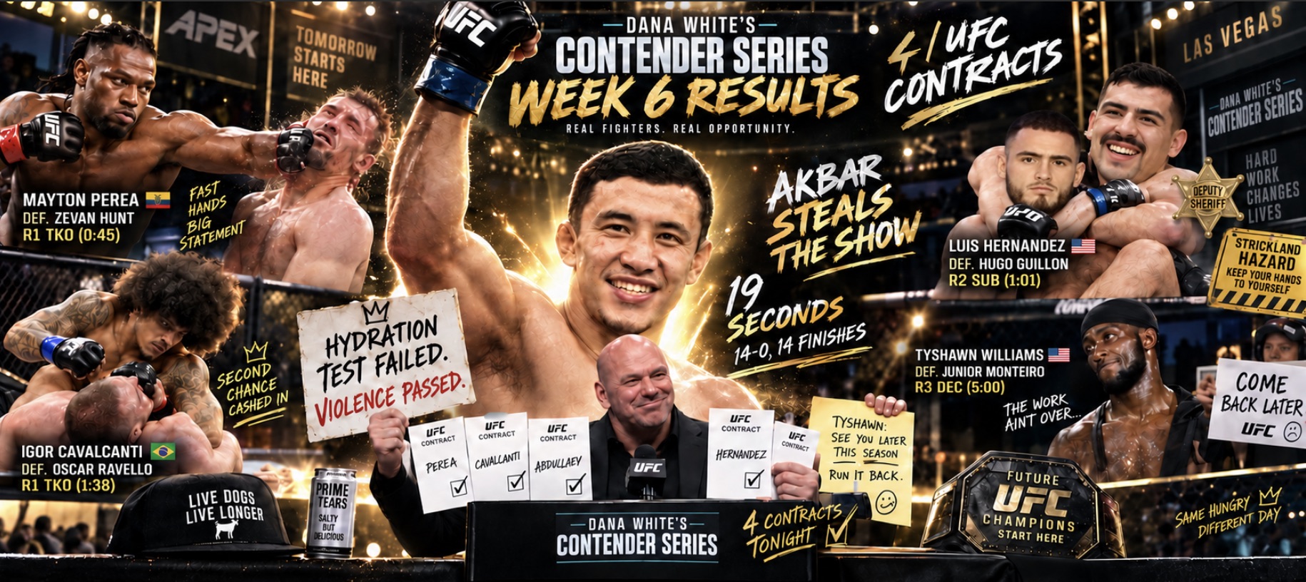DWCS 2026 Week 6 Results: Akbar Abdullaev’s 19-Second KO Leads Four UFC Contract Winners